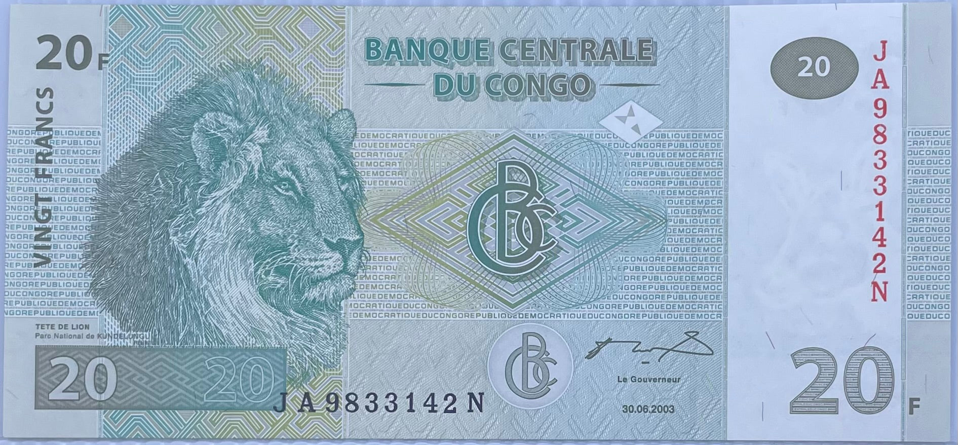 2003 Congo Democratic Republic 20 Francs P-94A UNC “Lion Note” World Banknote